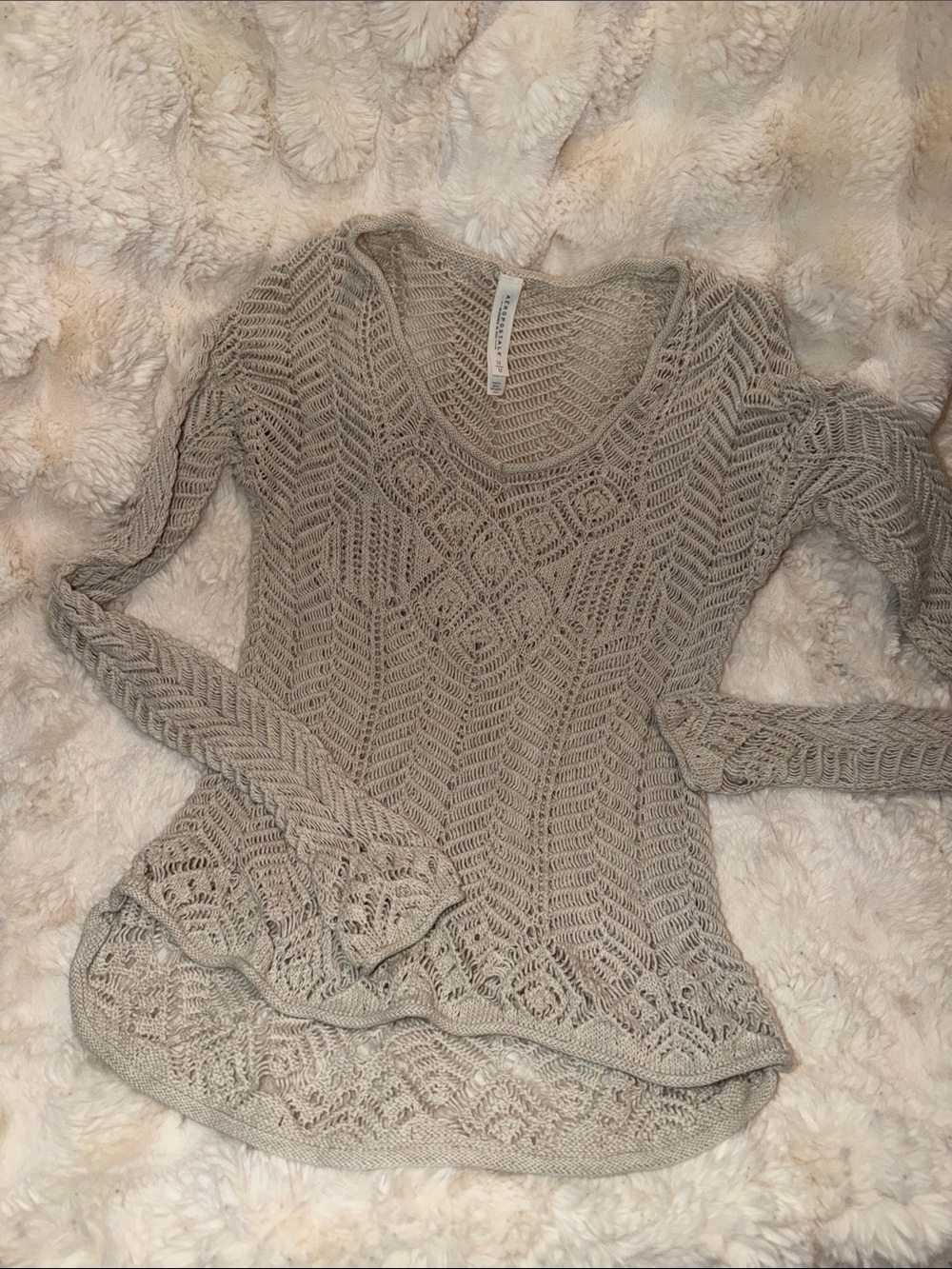 Aeropostale Light Taupe Open-Knit V-Neck Sweater
